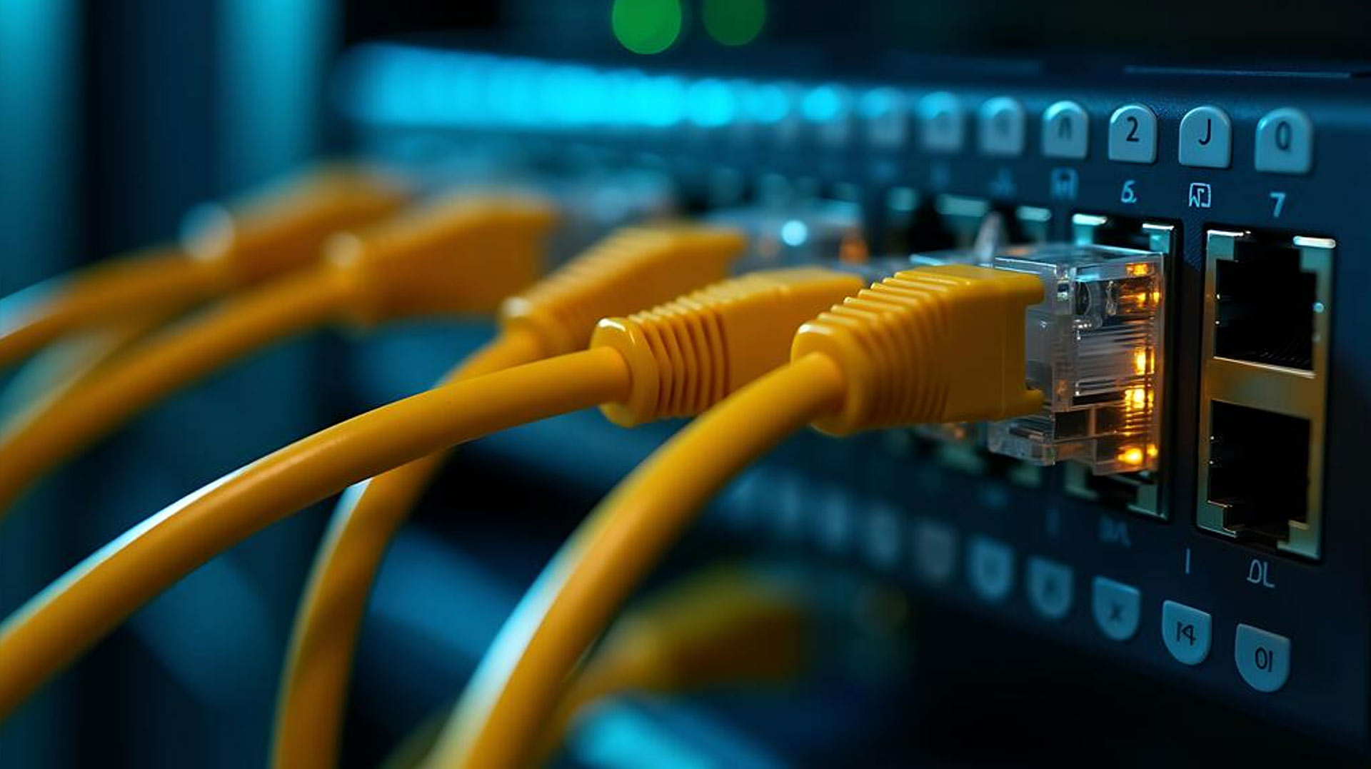 Network engineer connecting Ethernet cables on rack-mounted switches