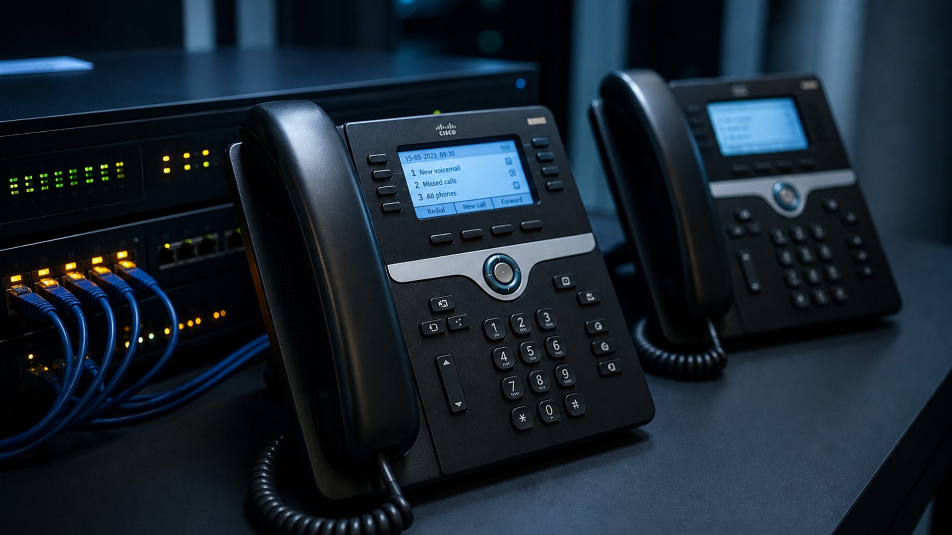 Enterprise IP desk phones and a business VoIP communication system in a professional office